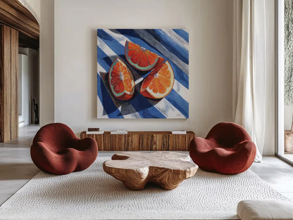 Three Citrus Slices II by Kate Jarvik Birch. Shown as extra-large giant wall art in a modern living room. Available as an archival giclee rolled canvas, fine art paper, or poster print. SKU 101994a.