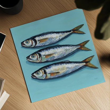 Three Little Fishies by Kate Jarvik Birch. Shown as a detailed flat fine art print, highlighting archival giclee quality. Available as an archival giclee rolled canvas, fine art paper, or poster print. SKU 98624a.