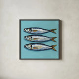 Three Little Fishies by Kate Jarvik Birch. Shown in a sleek black glass frame for a contemporary gallery look. Available as an archival giclee rolled canvas, fine art paper, or poster print. SKU 98624a.