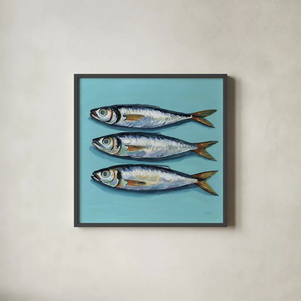 Three Little Fishies by Kate Jarvik Birch. Shown in a sleek black glass frame for a contemporary gallery look. Available as an archival giclee rolled canvas, fine art paper, or poster print. SKU 98624a.