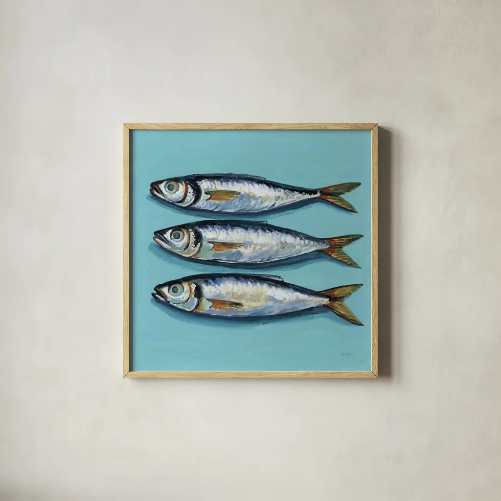 Three Little Fishies by Kate Jarvik Birch. Shown in a natural wood glass frame for a timeless modern aesthetic. Available as an archival giclee rolled canvas, fine art paper, or poster print. SKU 98624a.