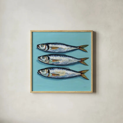 Three Little Fishies by Kate Jarvik Birch. Shown in a natural wood glass frame for a timeless modern aesthetic. Available as an archival giclee rolled canvas, fine art paper, or poster print. SKU 98624a.