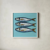 Three Little Fishies by Kate Jarvik Birch. Shown in a crisp white glass frame for a clean and minimalist style. Available as an archival giclee rolled canvas, fine art paper, or poster print. SKU 98624a.