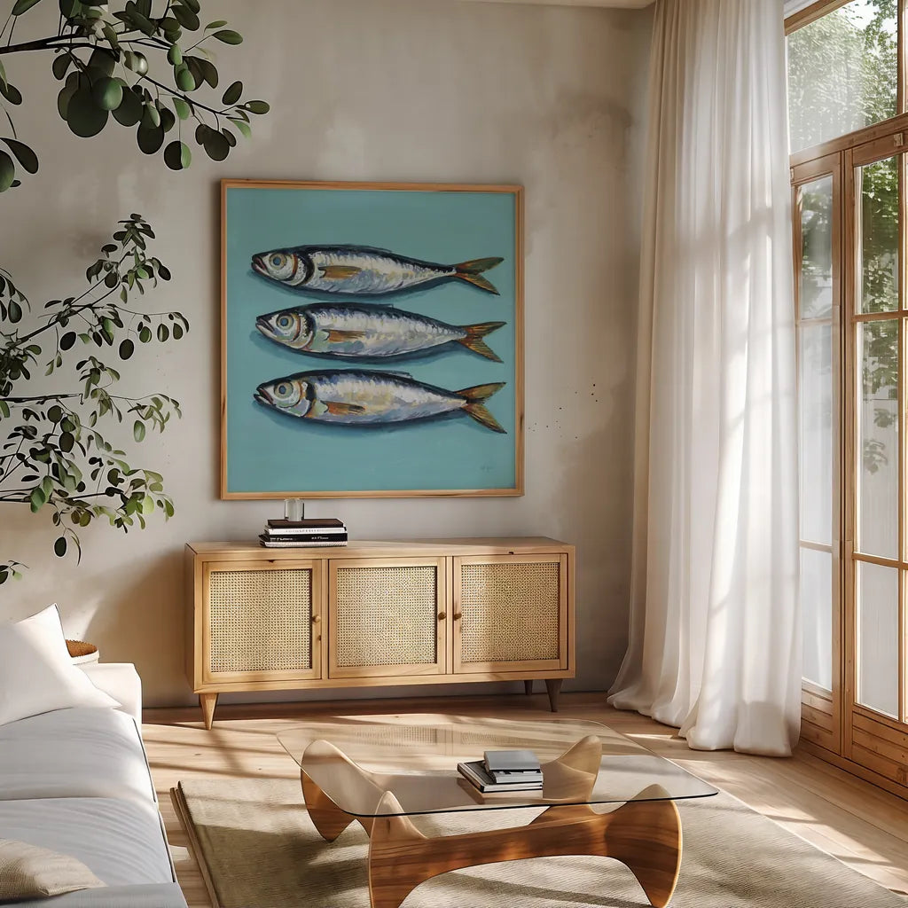 Three Little Fishies by Kate Jarvik Birch. Shown in a natural wood frame in a cozy modern living room. Available as an archival giclee rolled canvas, fine art paper, or poster print. SKU 98624a.