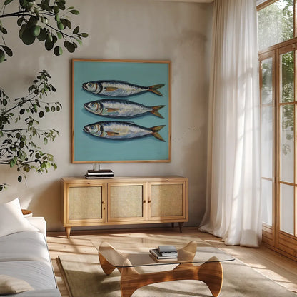 Three Little Fishies by Kate Jarvik Birch. Shown in a natural wood frame in a cozy modern living room. Available as an archival giclee rolled canvas, fine art paper, or poster print. SKU 98624a.