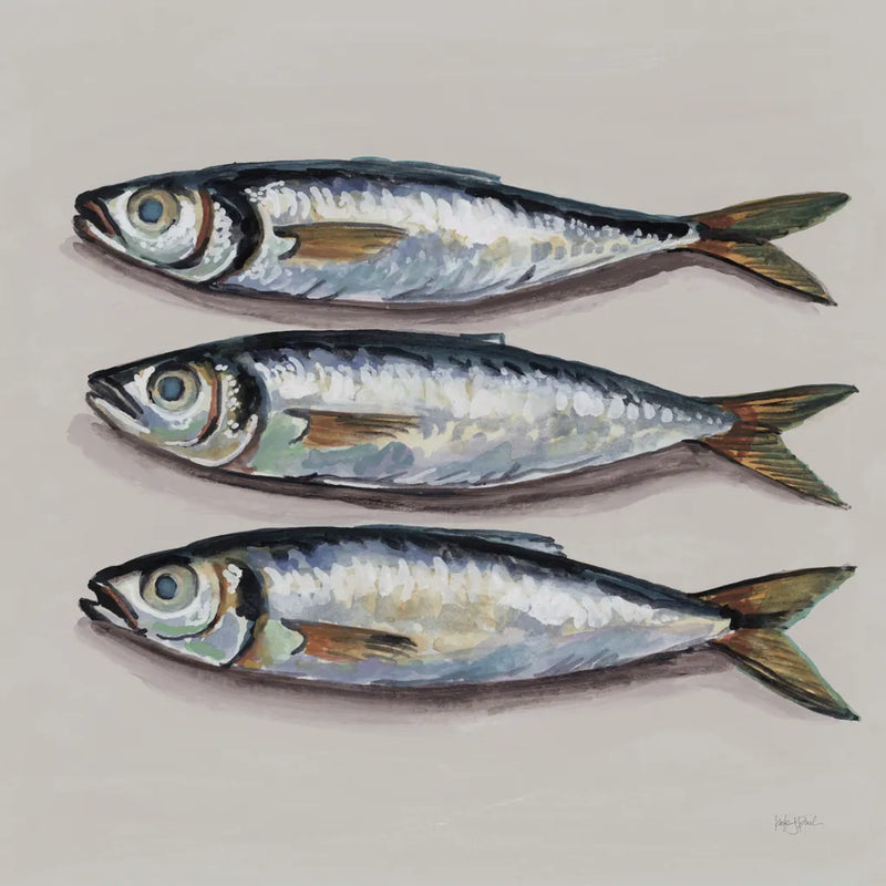 Three Little Fishies Neutral by Kate Jarvik Birch. SKU 102677a. Archival Giclee Fine art print for wall decor.