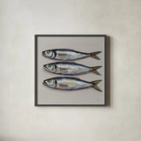 Three Little Fishies Neutral by Kate Jarvik Birch. Shown in a sleek black glass frame for a contemporary gallery look. Available as an archival giclee rolled canvas, fine art paper, or poster print. SKU 102677a.