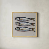 Three Little Fishies Neutral by Kate Jarvik Birch. Shown in a natural wood glass frame for a timeless modern aesthetic. Available as an archival giclee rolled canvas, fine art paper, or poster print. SKU 102677a.