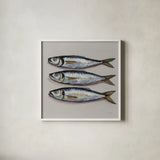 Three Little Fishies Neutral by Kate Jarvik Birch. Shown in a crisp white glass frame for a clean and minimalist style. Available as an archival giclee rolled canvas, fine art paper, or poster print. SKU 102677a.