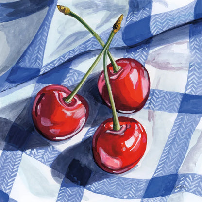 Three Picnic Cherries by Kate Jarvik Birch. SKU 98619a. Archival Giclee Fine art print for wall decor.