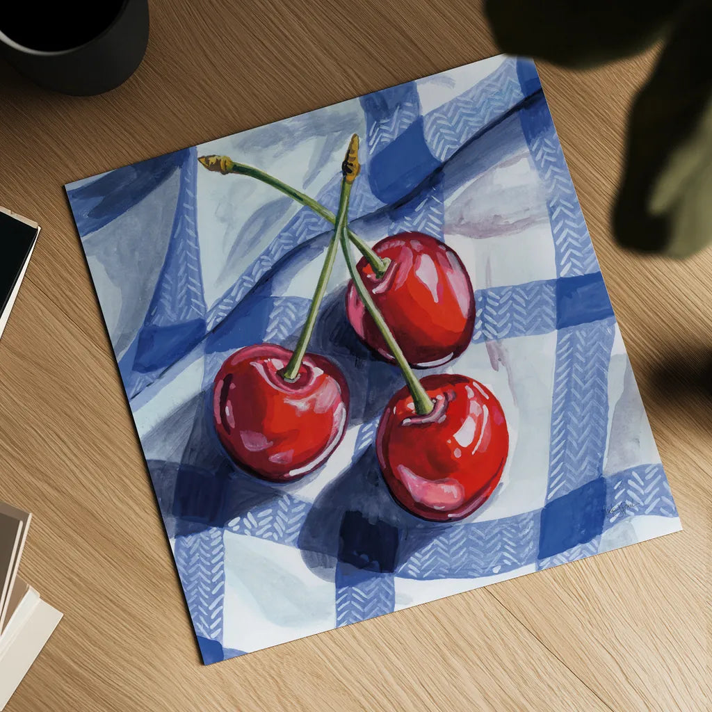 Three Picnic Cherries by Kate Jarvik Birch. Shown as a detailed flat fine art print, highlighting archival giclee quality. Available as an archival giclee rolled canvas, fine art paper, or poster print. SKU 98619a.