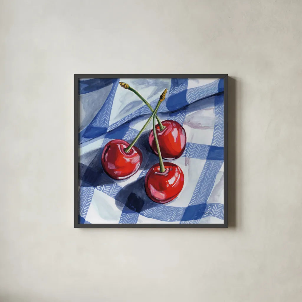 Three Picnic Cherries by Kate Jarvik Birch. Shown in a sleek black glass frame for a contemporary gallery look. Available as an archival giclee rolled canvas, fine art paper, or poster print. SKU 98619a.