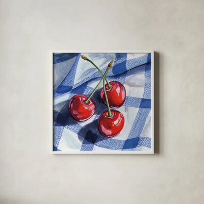 Three Picnic Cherries by Kate Jarvik Birch. Shown in a crisp white glass frame for a clean and minimalist style. Available as an archival giclee rolled canvas, fine art paper, or poster print. SKU 98619a.