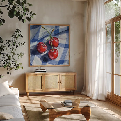 Three Picnic Cherries by Kate Jarvik Birch. Shown in a natural wood frame in a cozy modern living room. Available as an archival giclee rolled canvas, fine art paper, or poster print. SKU 98619a.
