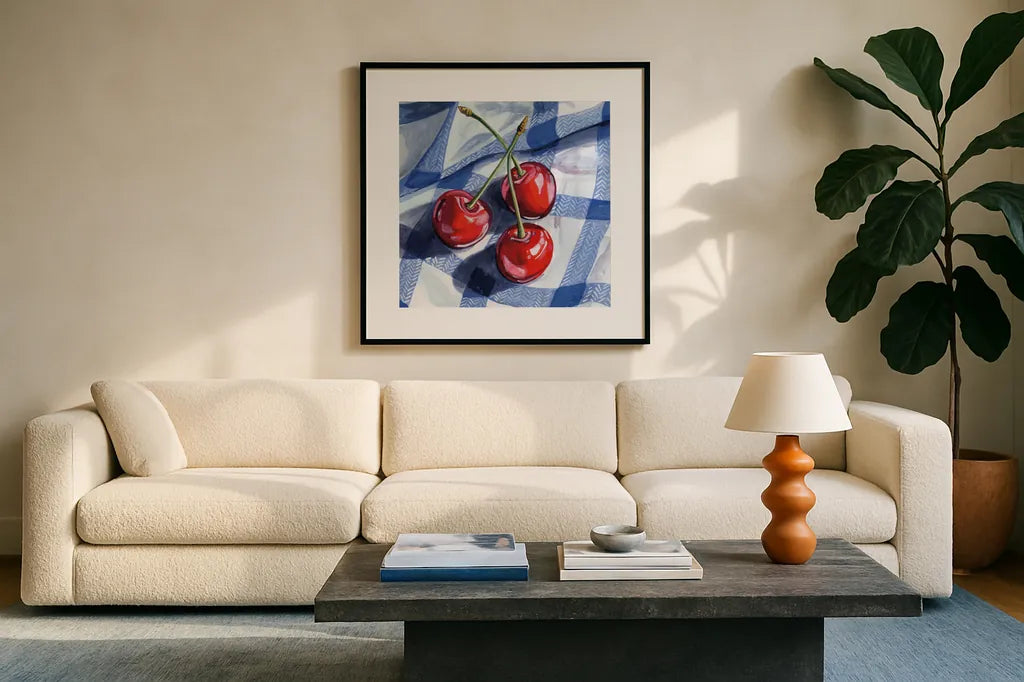 Three Picnic Cherries by Kate Jarvik Birch. Displayed in a glass frame with matte in a clean modern living room. Available as an archival giclee rolled canvas, fine art paper, or poster print. SKU 98619a.