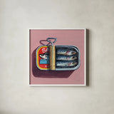 Tinned Trio by Kate Jarvik Birch. Shown in a crisp white glass frame for a clean and minimalist style. Available as an archival giclee rolled canvas, fine art paper, or poster print. SKU 102585a.