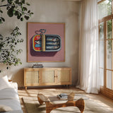 Tinned Trio by Kate Jarvik Birch. Shown in a natural wood frame in a cozy modern living room. Available as an archival giclee rolled canvas, fine art paper, or poster print. SKU 102585a.