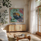 To Bee Or Not To Bee by Kate Jarvik Birch. Shown in a natural wood frame in a cozy modern living room. Available as an archival giclee rolled canvas, fine art paper, or poster print. SKU 101988a.