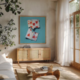 Torn Seven of Hearts by Kate Jarvik Birch. Shown in a natural wood frame in a cozy modern living room. Available as an archival giclee rolled canvas, fine art paper, or poster print. SKU 98603a.