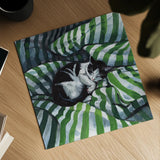 Tuxedo Cat Nap by Kate Jarvik Birch. Shown as a detailed flat fine art print, highlighting archival giclee quality. Available as an archival giclee rolled canvas, fine art paper, or poster print. SKU 100954a.