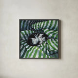 Tuxedo Cat Nap by Kate Jarvik Birch. Shown in a sleek black glass frame for a contemporary gallery look. Available as an archival giclee rolled canvas, fine art paper, or poster print. SKU 100954a.