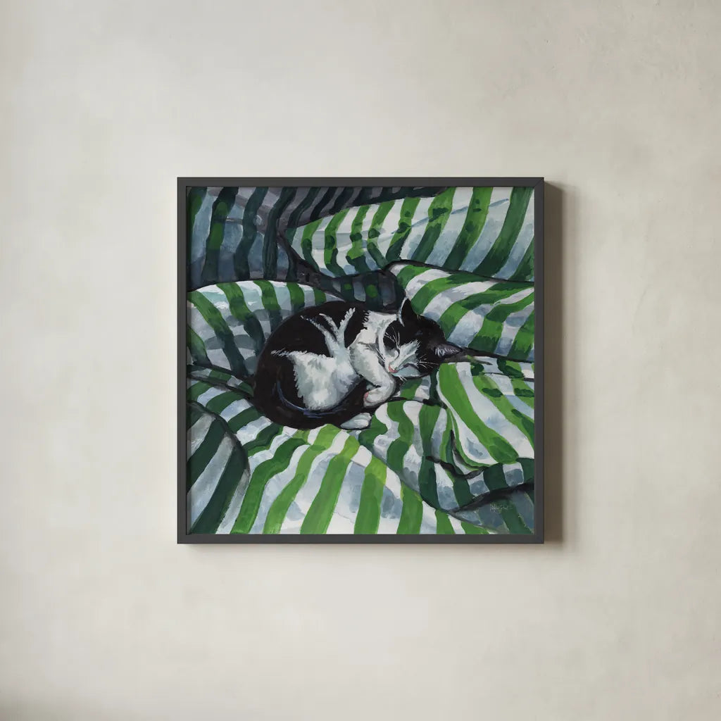 Tuxedo Cat Nap by Kate Jarvik Birch. Shown in a sleek black glass frame for a contemporary gallery look. Available as an archival giclee rolled canvas, fine art paper, or poster print. SKU 100954a.