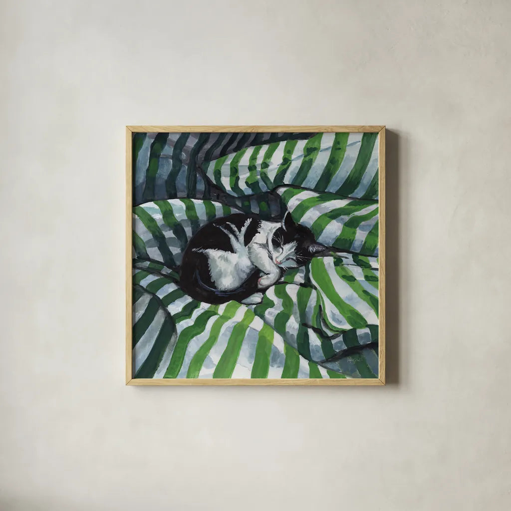 Tuxedo Cat Nap by Kate Jarvik Birch. Shown in a natural wood glass frame for a timeless modern aesthetic. Available as an archival giclee rolled canvas, fine art paper, or poster print. SKU 100954a.
