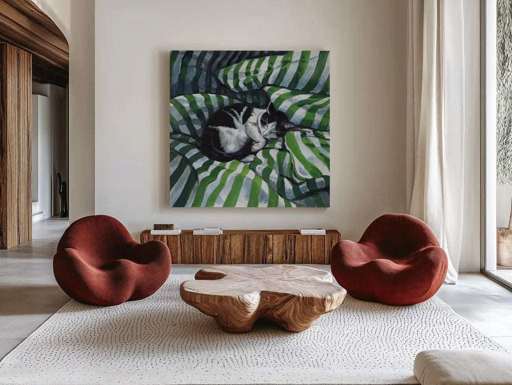 Tuxedo Cat Nap by Kate Jarvik Birch. Shown as extra-large giant wall art in a modern living room. Available as an archival giclee rolled canvas, fine art paper, or poster print. SKU 100954a.