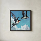 Two Birds in The Clouds by Kate Jarvik Birch. Shown in a sleek black glass frame for a contemporary gallery look. Available as an archival giclee rolled canvas, fine art paper, or poster print. SKU 99769a.
