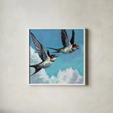 Two Birds in The Clouds by Kate Jarvik Birch. Shown in a crisp white glass frame for a clean and minimalist style. Available as an archival giclee rolled canvas, fine art paper, or poster print. SKU 99769a.