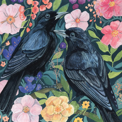 Two Crows on Flowers by Kate Jarvik Birch. SKU 98559a. Archival Giclee Fine art print for wall decor.
