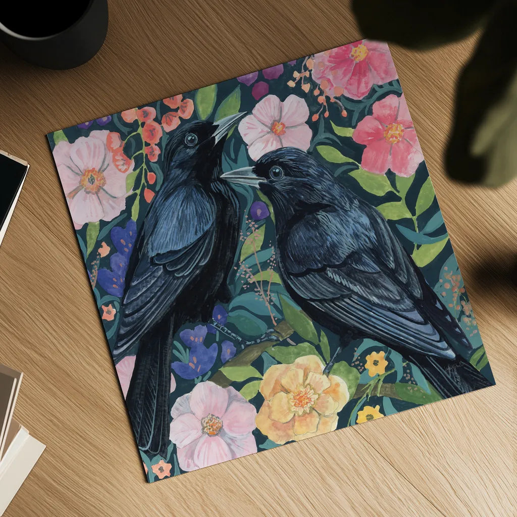 Two Crows on Flowers by Kate Jarvik Birch. Shown as a detailed flat fine art print, highlighting archival giclee quality. Available as an archival giclee rolled canvas, fine art paper, or poster print. SKU 98559a.