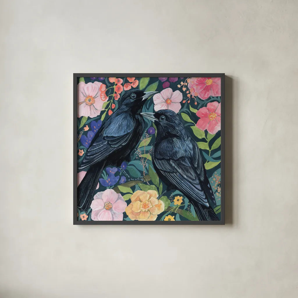 Two Crows on Flowers by Kate Jarvik Birch. Shown in a sleek black glass frame for a contemporary gallery look. Available as an archival giclee rolled canvas, fine art paper, or poster print. SKU 98559a.