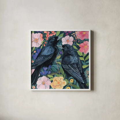 Two Crows on Flowers by Kate Jarvik Birch. Shown in a crisp white glass frame for a clean and minimalist style. Available as an archival giclee rolled canvas, fine art paper, or poster print. SKU 98559a.
