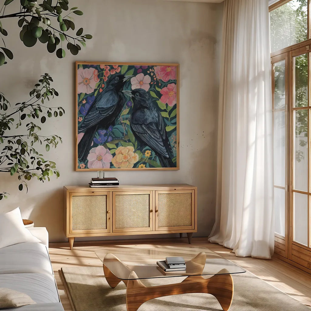 Two Crows on Flowers by Kate Jarvik Birch. Shown in a natural wood frame in a cozy modern living room. Available as an archival giclee rolled canvas, fine art paper, or poster print. SKU 98559a.