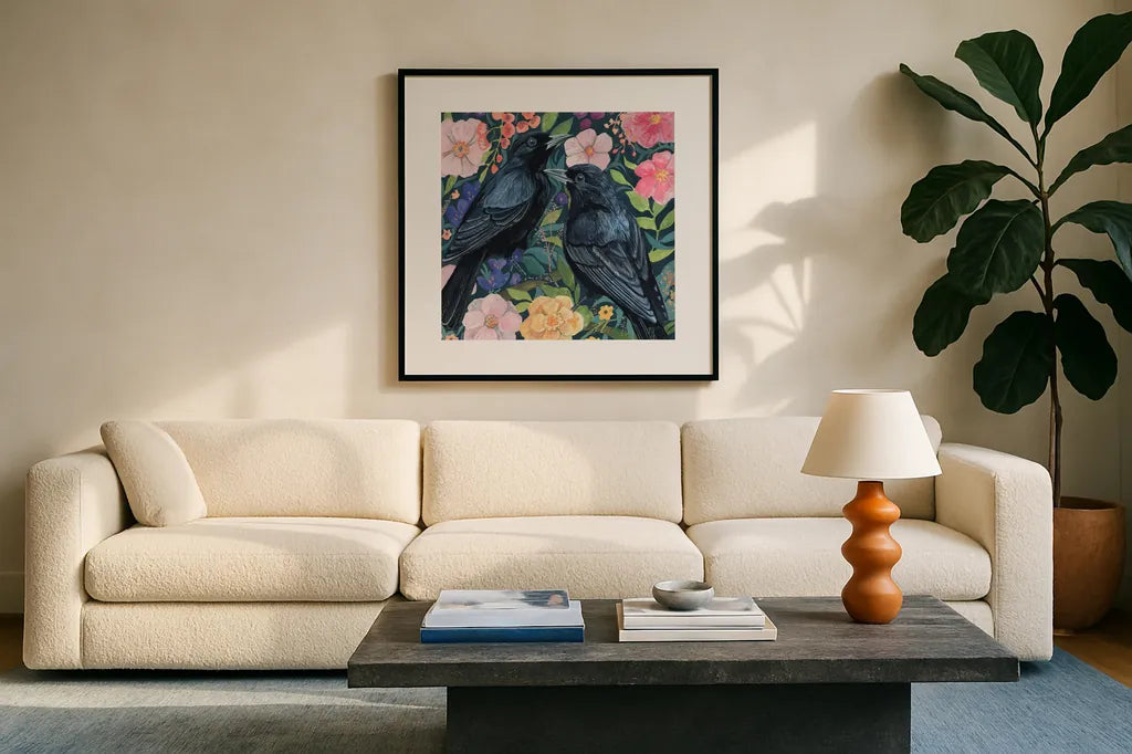 Two Crows on Flowers by Kate Jarvik Birch. Displayed in a glass frame with matte in a clean modern living room. Available as an archival giclee rolled canvas, fine art paper, or poster print. SKU 98559a.