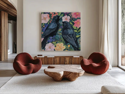 Two Crows on Flowers by Kate Jarvik Birch. Shown as extra-large giant wall art in a modern living room. Available as an archival giclee rolled canvas, fine art paper, or poster print. SKU 98559a.