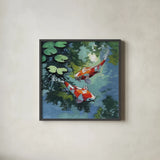 Two Koi Fish In Pond by Kate Jarvik Birch. Shown in a sleek black glass frame for a contemporary gallery look. Available as an archival giclee rolled canvas, fine art paper, or poster print. SKU 101984a.