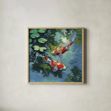 Two Koi Fish In Pond by Kate Jarvik Birch. Shown in a natural wood glass frame for a timeless modern aesthetic. Available as an archival giclee rolled canvas, fine art paper, or poster print. SKU 101984a.