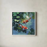 Two Koi Fish In Pond by Kate Jarvik Birch. Shown in a crisp white glass frame for a clean and minimalist style. Available as an archival giclee rolled canvas, fine art paper, or poster print. SKU 101984a.