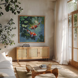 Two Koi Fish In Pond by Kate Jarvik Birch. Shown in a natural wood frame in a cozy modern living room. Available as an archival giclee rolled canvas, fine art paper, or poster print. SKU 101984a.