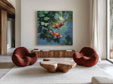 Two Koi Fish In Pond by Kate Jarvik Birch. Shown as extra-large giant wall art in a modern living room. Available as an archival giclee rolled canvas, fine art paper, or poster print. SKU 101984a.