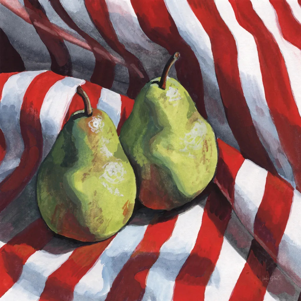 Two Pears on a Striped Cloth by Kate Jarvik Birch. SKU 100949a. Archival Giclee Fine art print for wall decor.