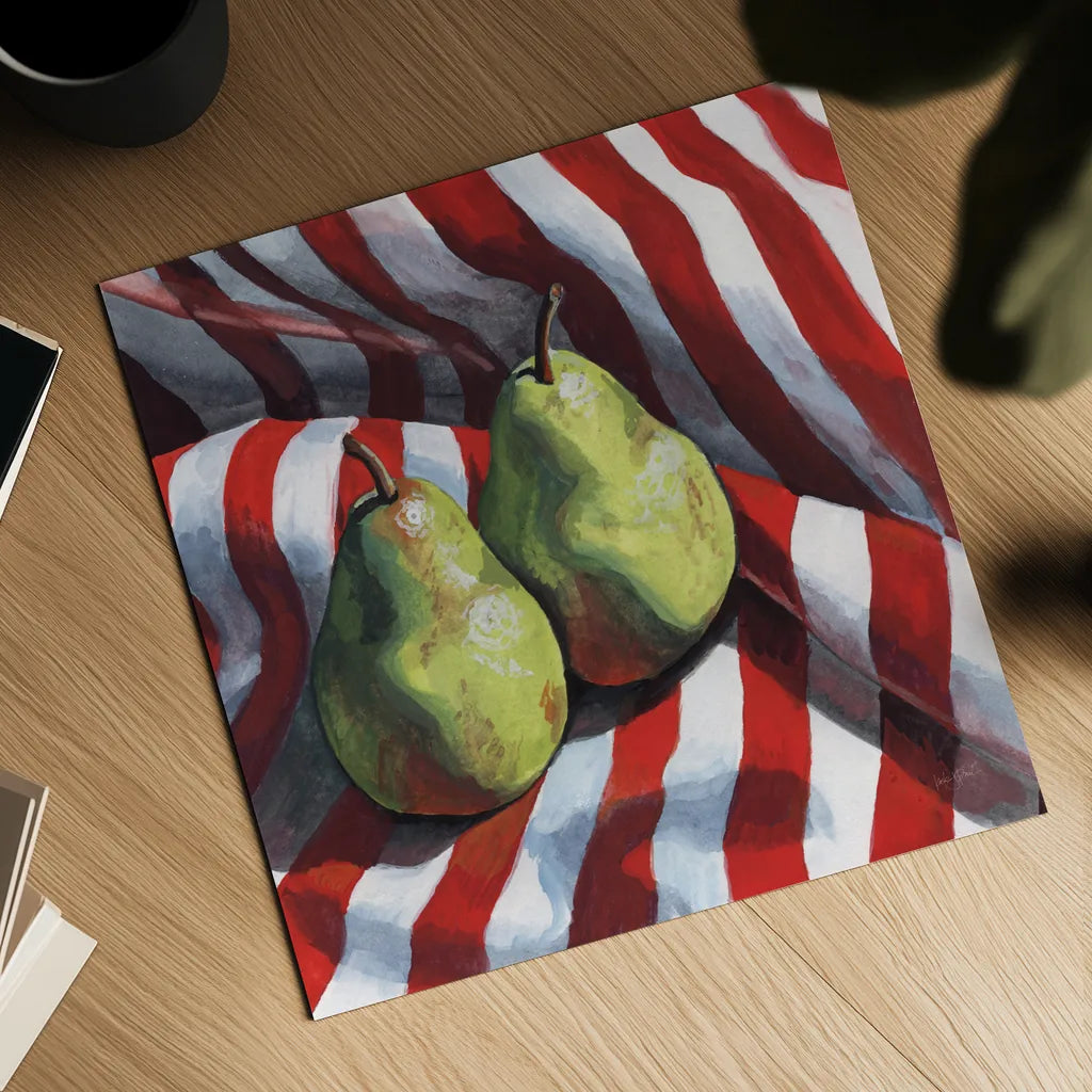 Two Pears on a Striped Cloth by Kate Jarvik Birch. Shown as a detailed flat fine art print, highlighting archival giclee quality. Available as an archival giclee rolled canvas, fine art paper, or poster print. SKU 100949a.
