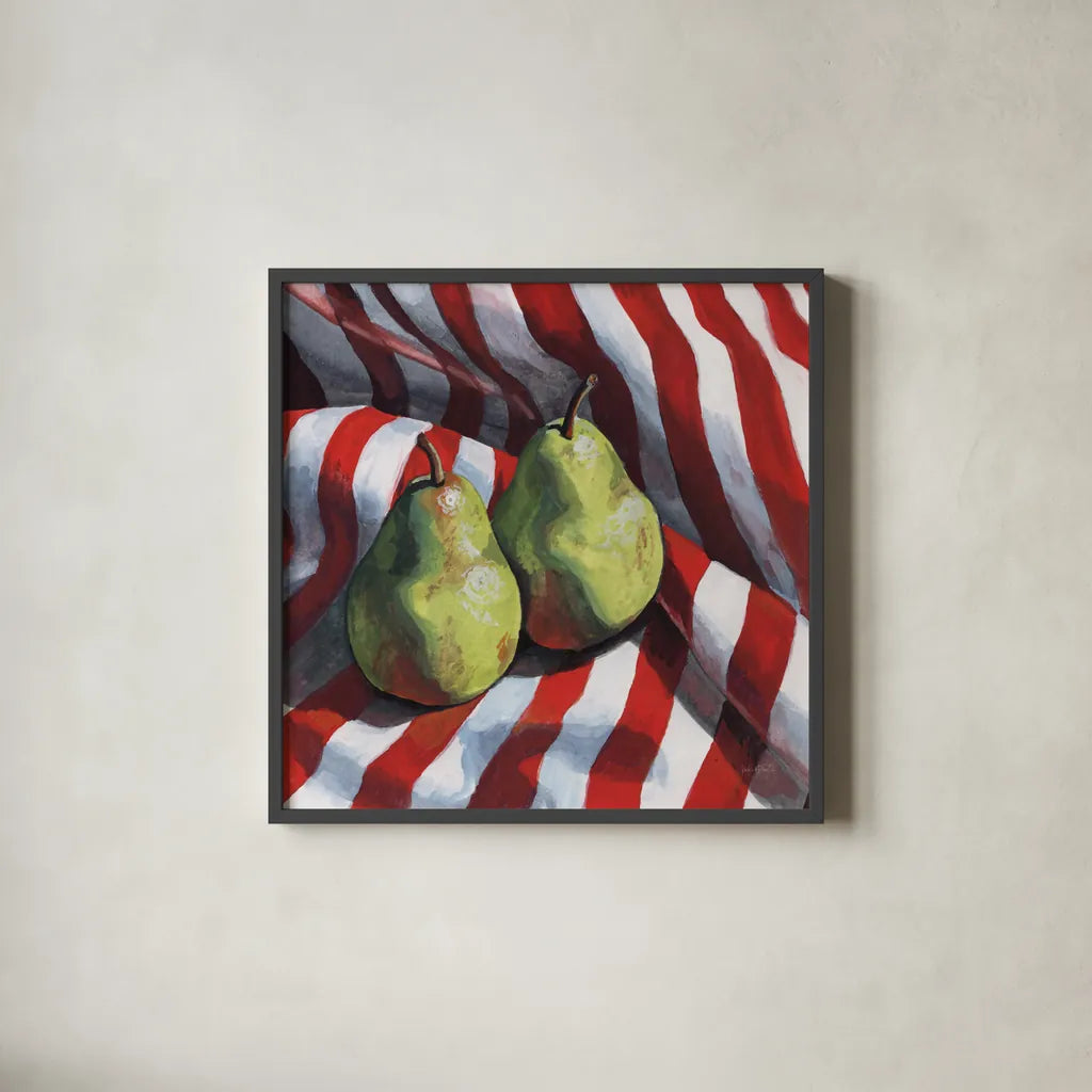 Two Pears on a Striped Cloth by Kate Jarvik Birch. Shown in a sleek black glass frame for a contemporary gallery look. Available as an archival giclee rolled canvas, fine art paper, or poster print. SKU 100949a.