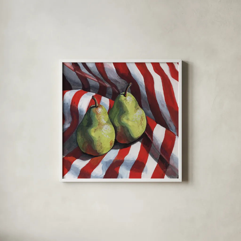 Two Pears on a Striped Cloth by Kate Jarvik Birch. Shown in a crisp white glass frame for a clean and minimalist style. Available as an archival giclee rolled canvas, fine art paper, or poster print. SKU 100949a.