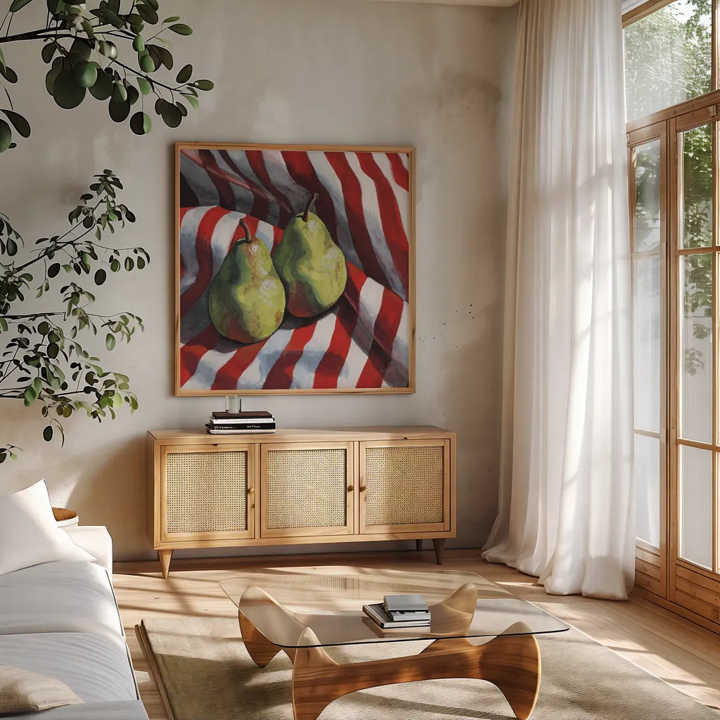 Two Pears on a Striped Cloth by Kate Jarvik Birch. Shown in a natural wood frame in a cozy modern living room. Available as an archival giclee rolled canvas, fine art paper, or poster print. SKU 100949a.