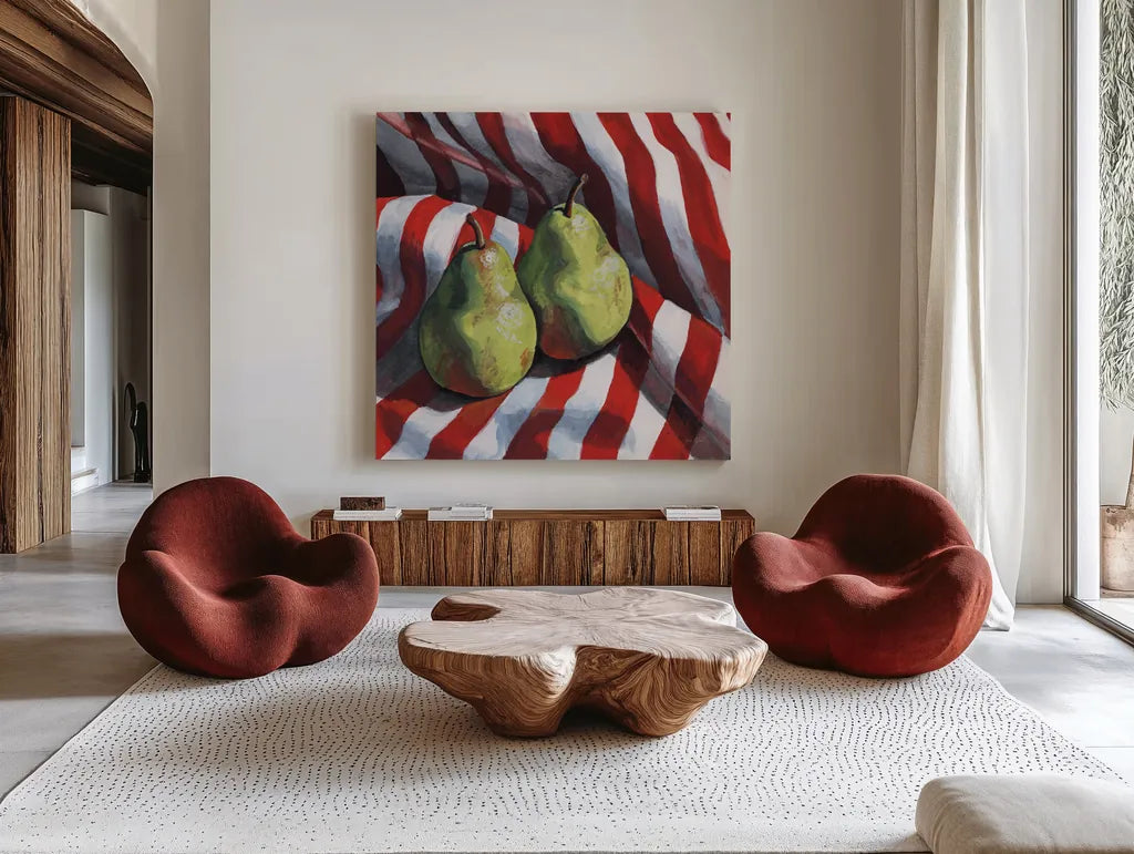 Two Pears on a Striped Cloth by Kate Jarvik Birch. Shown as extra-large giant wall art in a modern living room. Available as an archival giclee rolled canvas, fine art paper, or poster print. SKU 100949a.