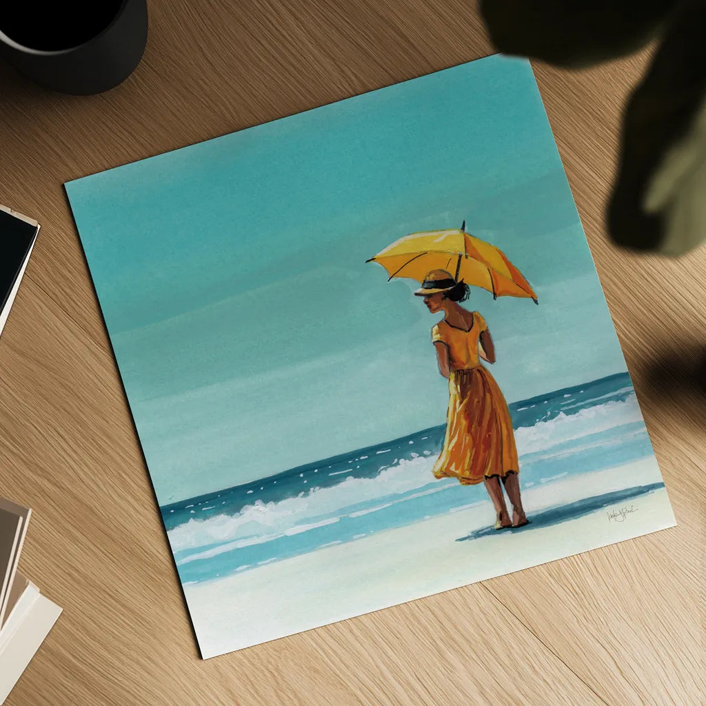 Umbrella at the Beach by Kate Jarvik Birch. Shown as a detailed flat fine art print, highlighting archival giclee quality. Available as an archival giclee rolled canvas, fine art paper, or poster print. SKU 100959a.