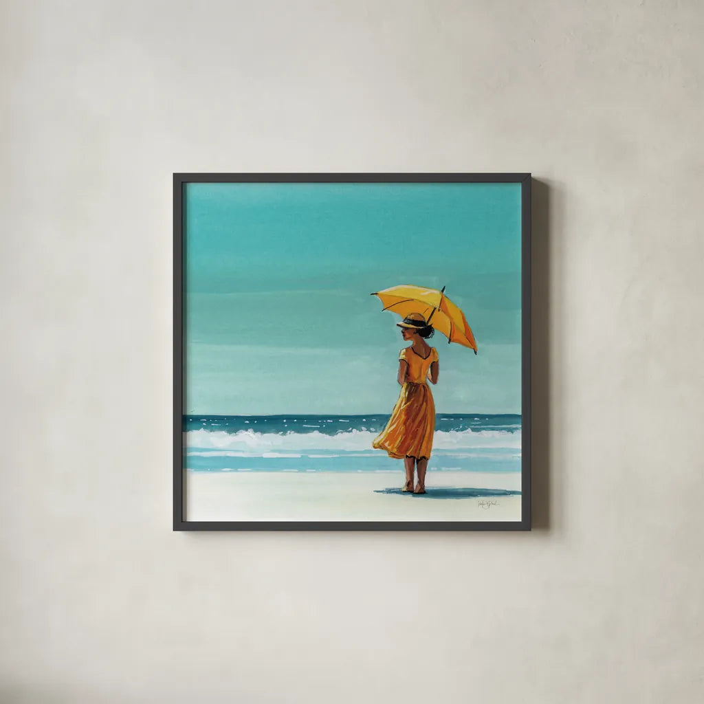 Umbrella at the Beach by Kate Jarvik Birch. Shown in a sleek black glass frame for a contemporary gallery look. Available as an archival giclee rolled canvas, fine art paper, or poster print. SKU 100959a.
